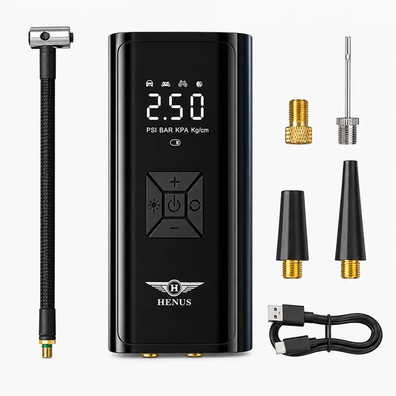 헤누스 타이어에어 휴대용 타이어 공기압 주입기 무선 올인원 공기 주입기 6000mAH, 블랙, 1개
